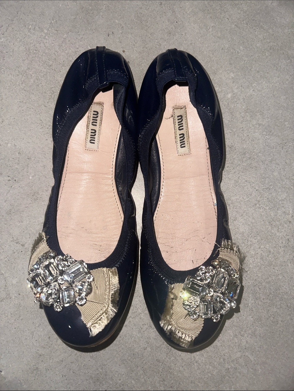 Miu Miu Navy and Gold Jewel-Embellished Ballet Flats